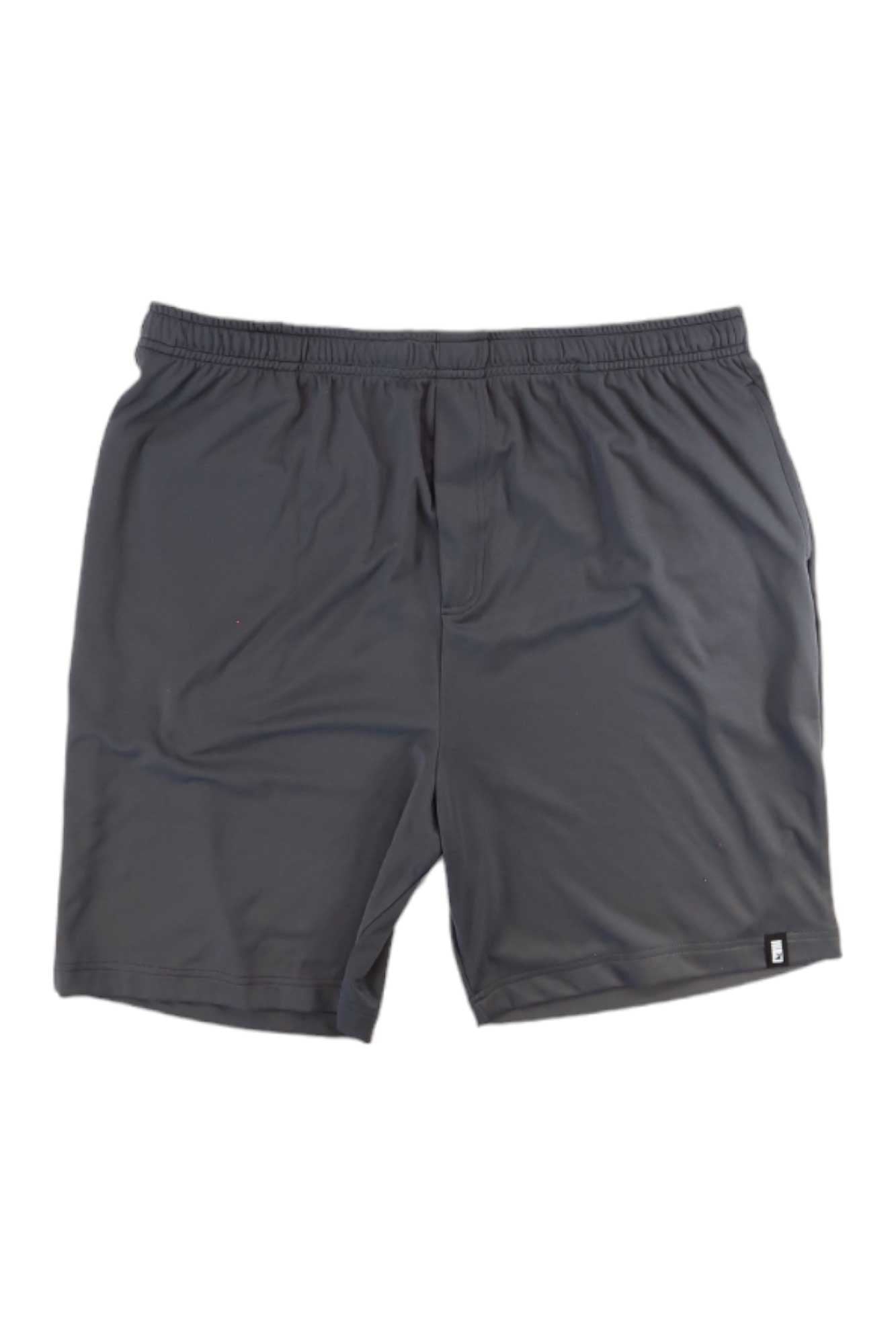 The Glyder Mens Sequoia 7 Inch Short, shown in plain dark gray with an elastic waistband and made from soft AIRFLEX fabric, is displayed flat on a white background.