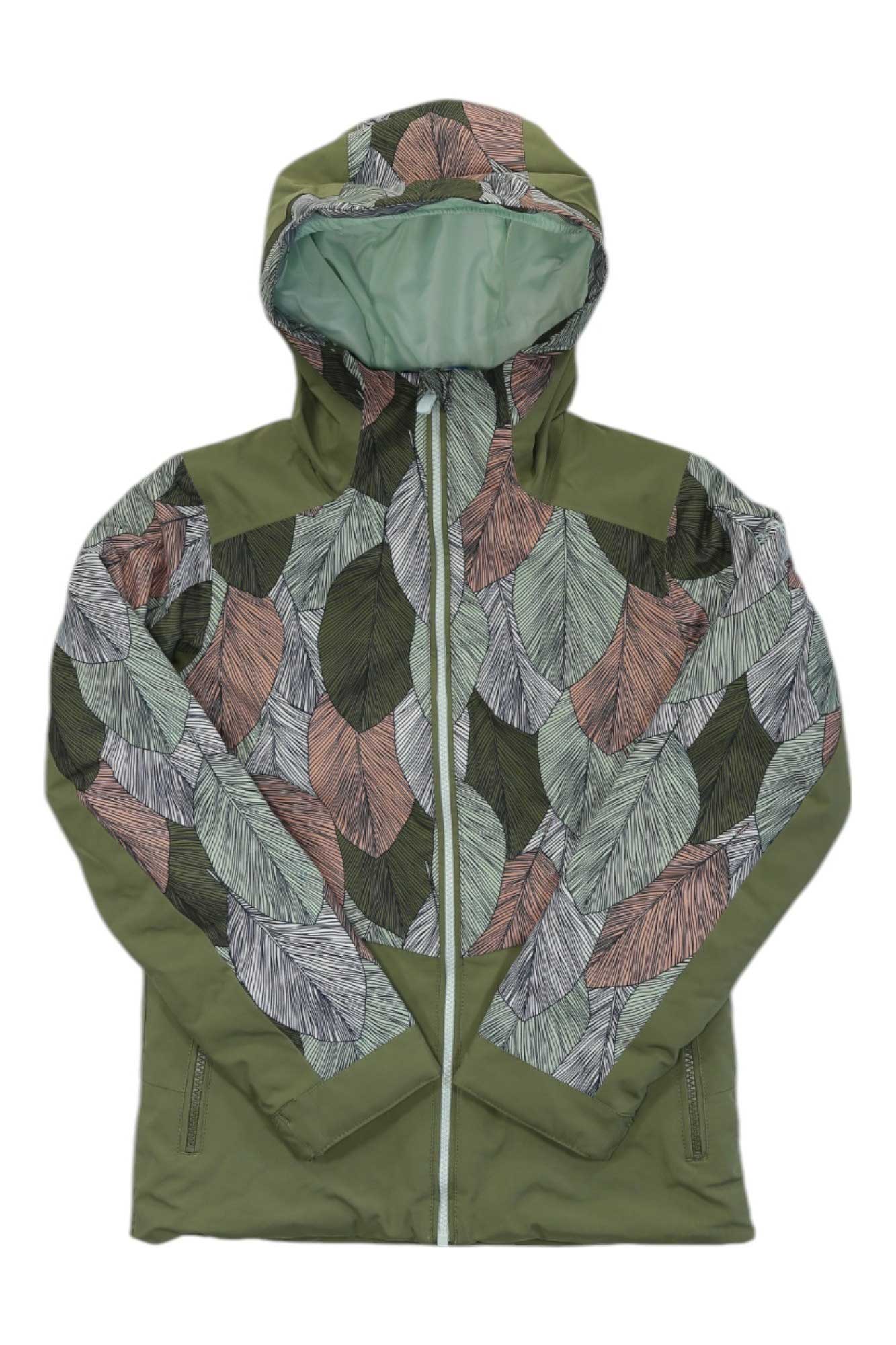 The Roxy Girls Silverwinter Jacket is a green hooded insulated winter jacket with a front zipper, showcasing overlapping leaf patterns in green, brown, and light pink on the upper body, sleeves, and hood—ideal for skiing.