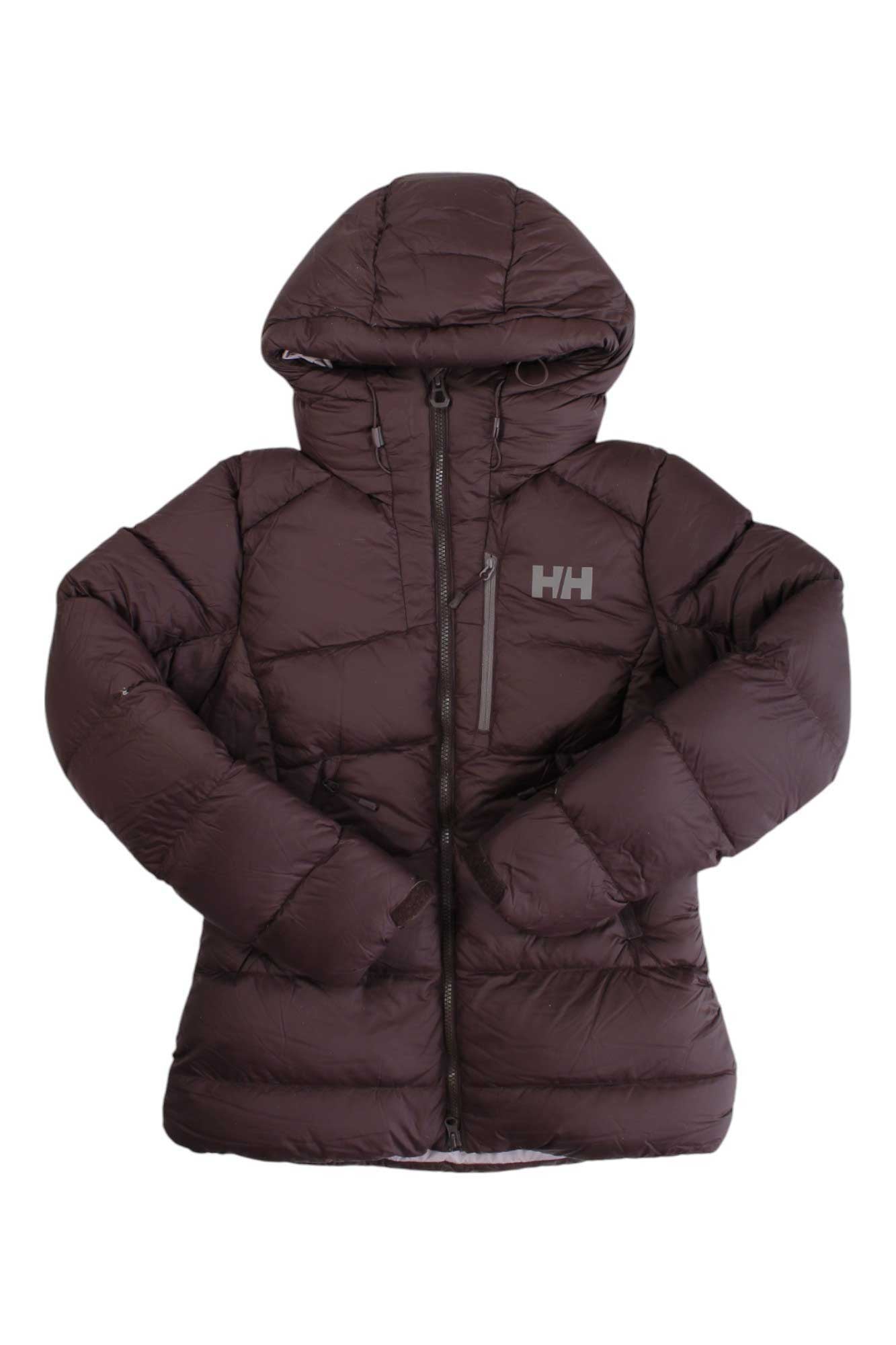 Women's Helly Hansen polar down jacket, dark brown, full-zip, hood, quilted