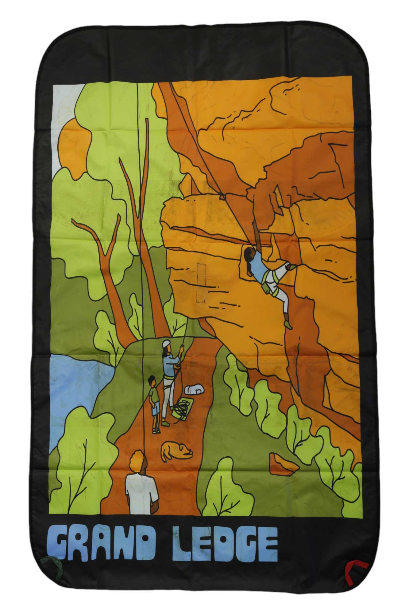 A colorful illustration shows a person rock climbing as three others and a dog relax under a waterproof canopy below. The text GRAND LEDGE appears at the bottom, with a climber using the Lacaida Rope Tarp on an orange cliff.