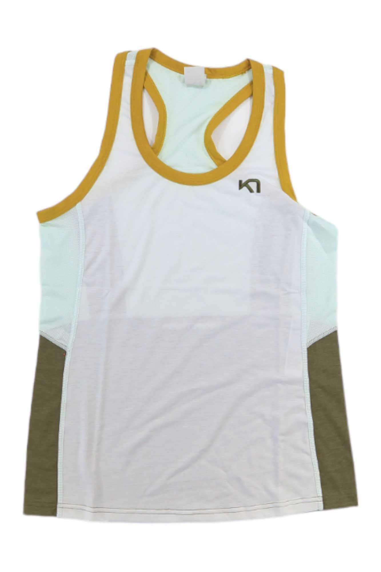 The Kari Traa Womens Sanne Hiking Top is a quick-drying, sleeveless athletic tank with mustard yellow trim, light blue sides, white front and back panels, dark olive at the hem, and a small logo on the left chest.