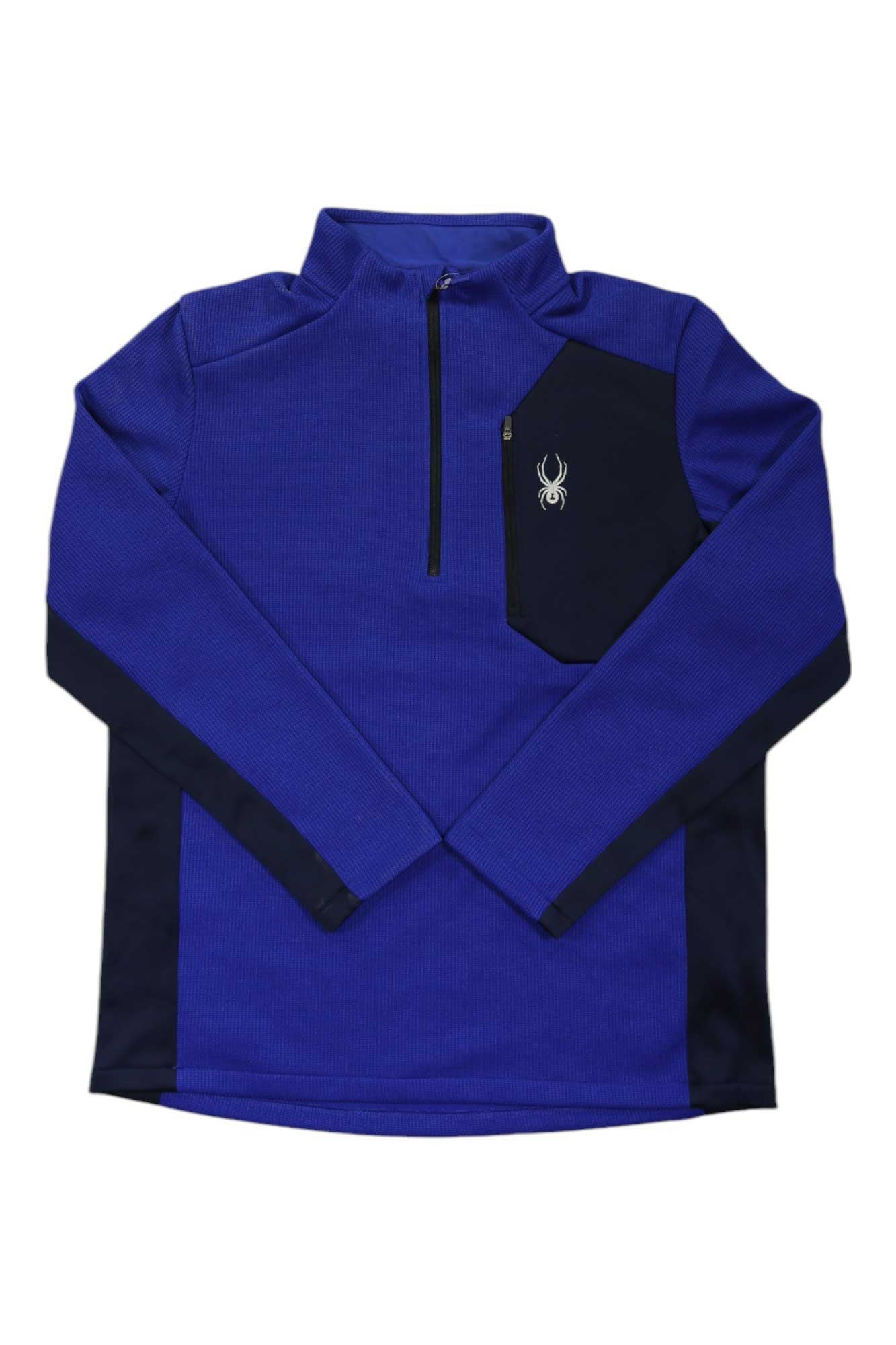 The Spyder Men's Bandit 1/2 Zip Top is a royal blue fleece pullover with long sleeves, black side panels, a quarter-zip front, and a black zippered chest pocket featuring the signature white spider logo.