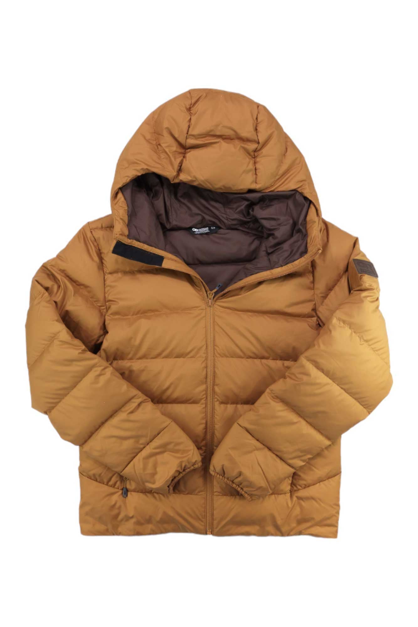 The Outdoor Research Men's Coldfront Down Hoodie is a brown, puffy winter jacket with a hood and front zipper, made from eco-friendly materials, shown on a white background with its arms folded inward.