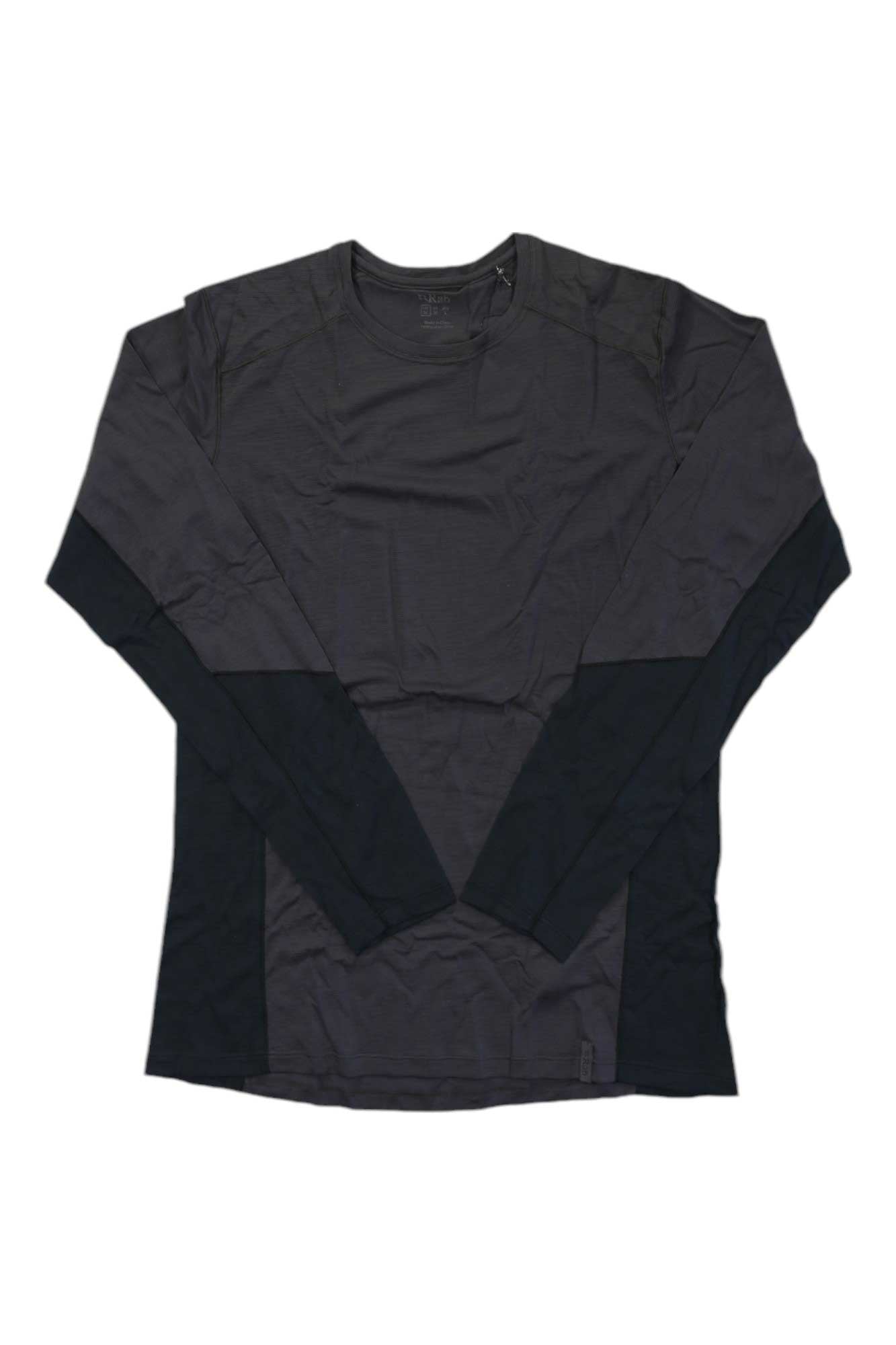 The Rab Mens Syncrino Base LS Tee is a lightweight, long-sleeve crew-neck hiking shirt for men, shown in dark gray and black color blocks laid flat on a white background.