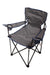 Folding camping chair with dark grey fabric seat and back, side armrests, black metal frame