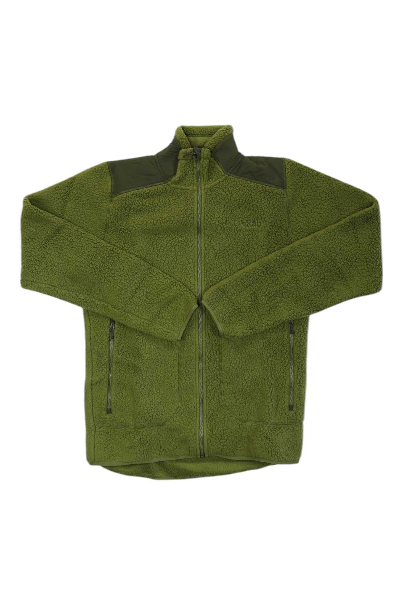 The Rab Men's Outpost Jacket—a green Polartec fleece zip-up mountaineering jacket with long sleeves, zippered pockets, and reinforced shoulder panels—is laid flat on a white background.