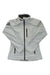 The Helly Hansen Women's Crew Jacket is light gray with a high collar, black front zipper, two vertical zippered pockets, and Helly Hansen logos on the collar and hem. This waterproof jacket has a patch on the left sleeve.