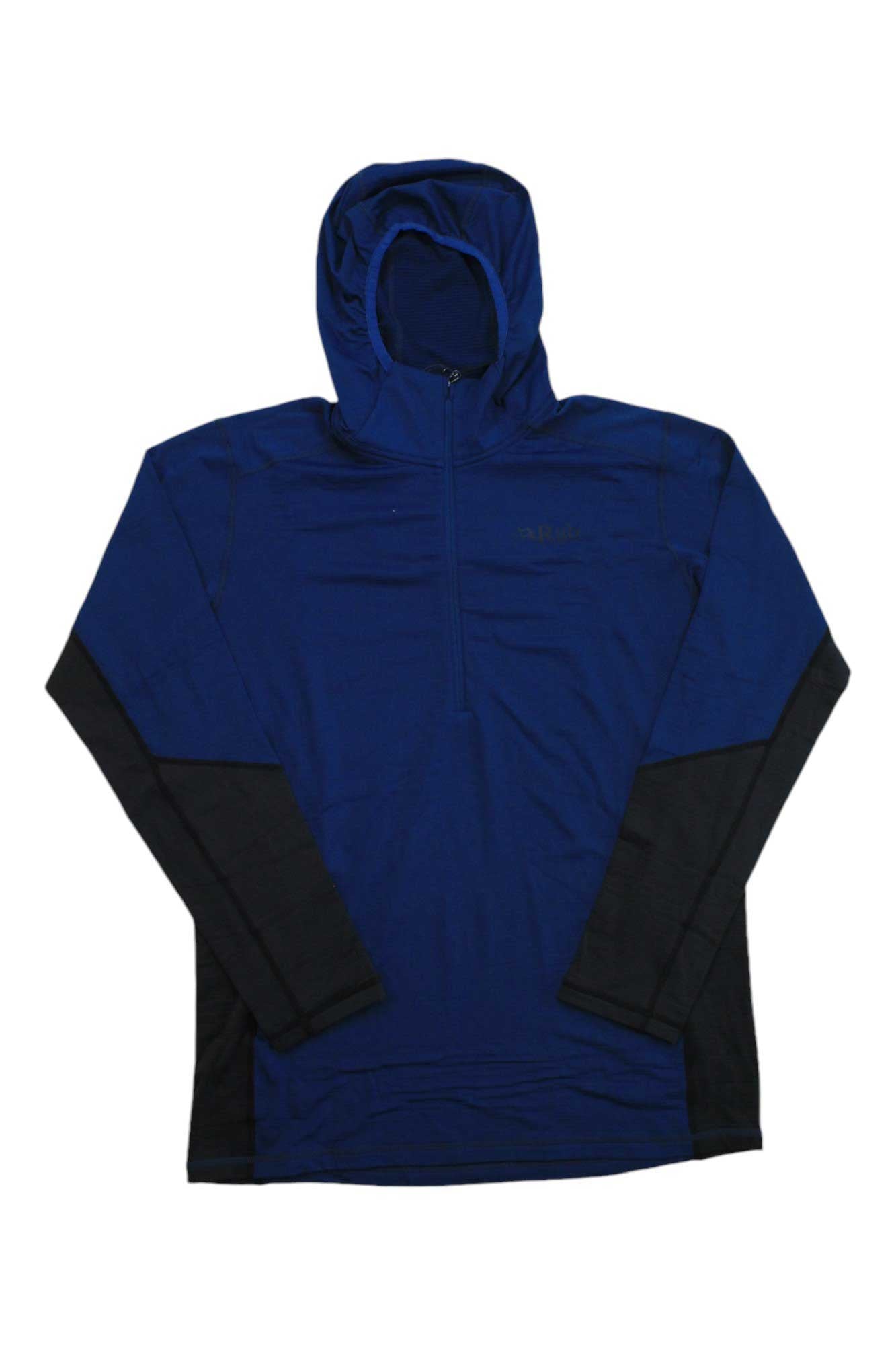 Men's blue hooded zip pullover with long sleeves and dark side panels