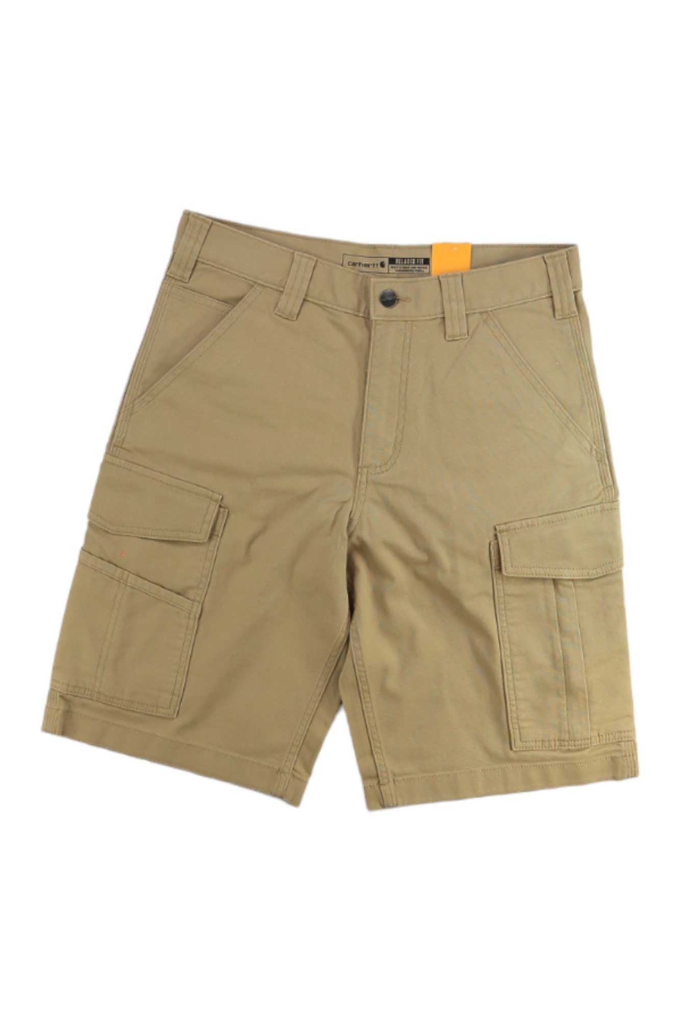 The Carhartt Men's Rugged Flex Rigby Cargo 11 Inch Short in khaki features stretch fabric, multiple pockets including two large flap pockets per leg, belt loops, and a button waist. The shorts are displayed flat on a white background.