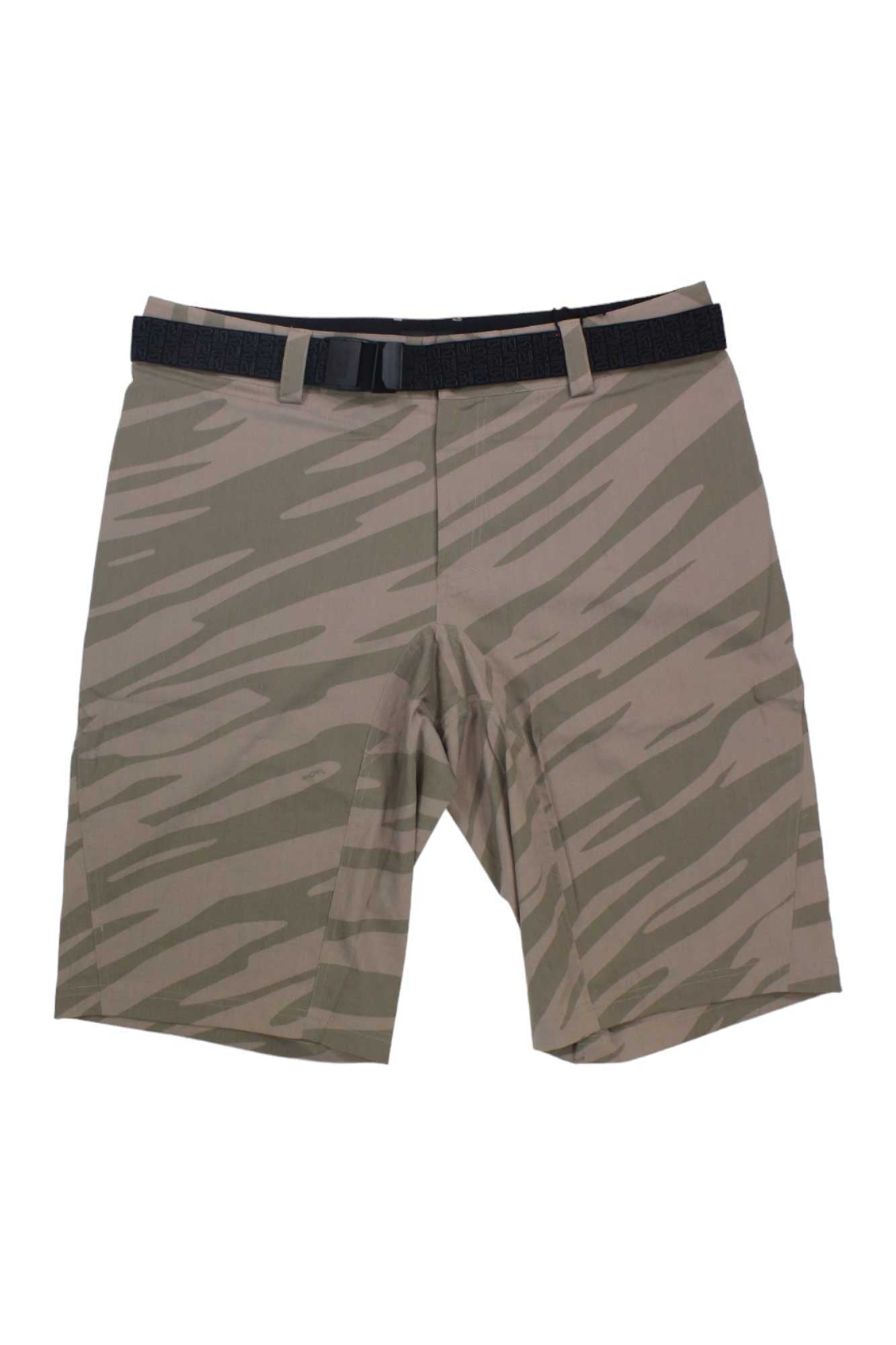 A pair of Mons Royale Mens Virage Bike Shorts in khaki and olive green camouflage with an attached black belt, displayed flat on a white background.