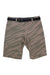 A pair of Mons Royale Mens Virage Bike Shorts in khaki and olive green camouflage with an attached black belt, displayed flat on a white background.