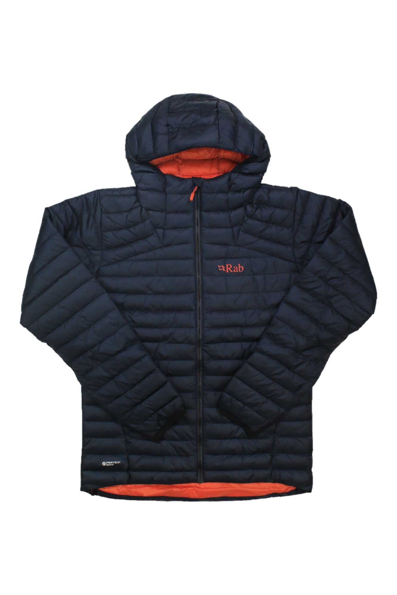 The Rab Men's Cirrus Alpine Jacket is a black, hooded, lightweight jacket with orange lining, front zipper, synthetic insulation, and a red Rab logo on the chest—perfect for mountaineering.