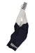 The Rapha Mens Pro Team Bib Shorts II - Regular in navy blue and white feature a race-grade chamois, RAPHA logo on one leg, and striped detailing on the shoulder strap.