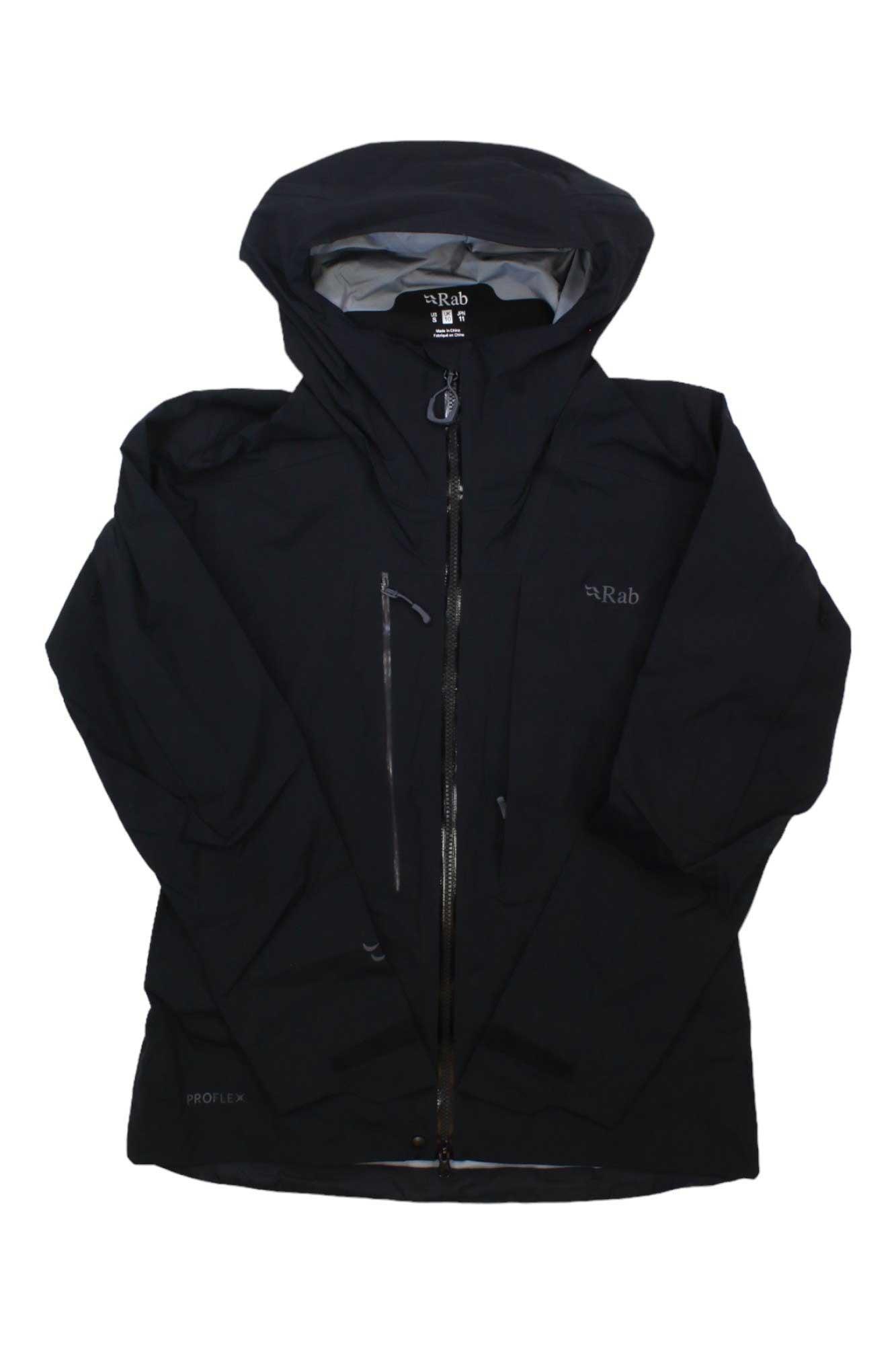 Black hooded full-zip jacket with Rab logo and adjustable hem drawcord