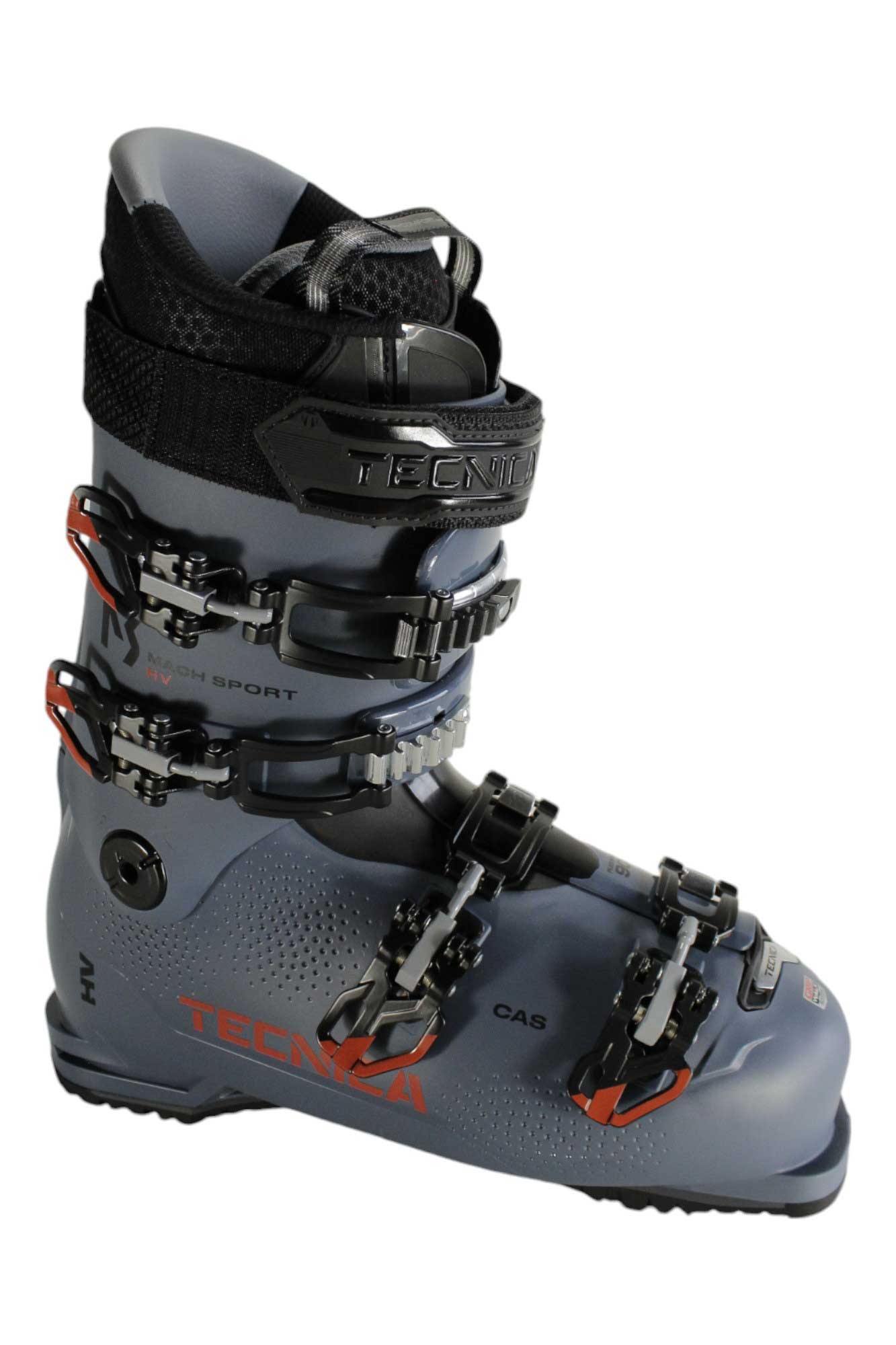 Men's ski boot, dark blue with black straps and orange buckles