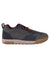 Men's trail shoe, dark gray upper with tan sole and red-brown lace-up