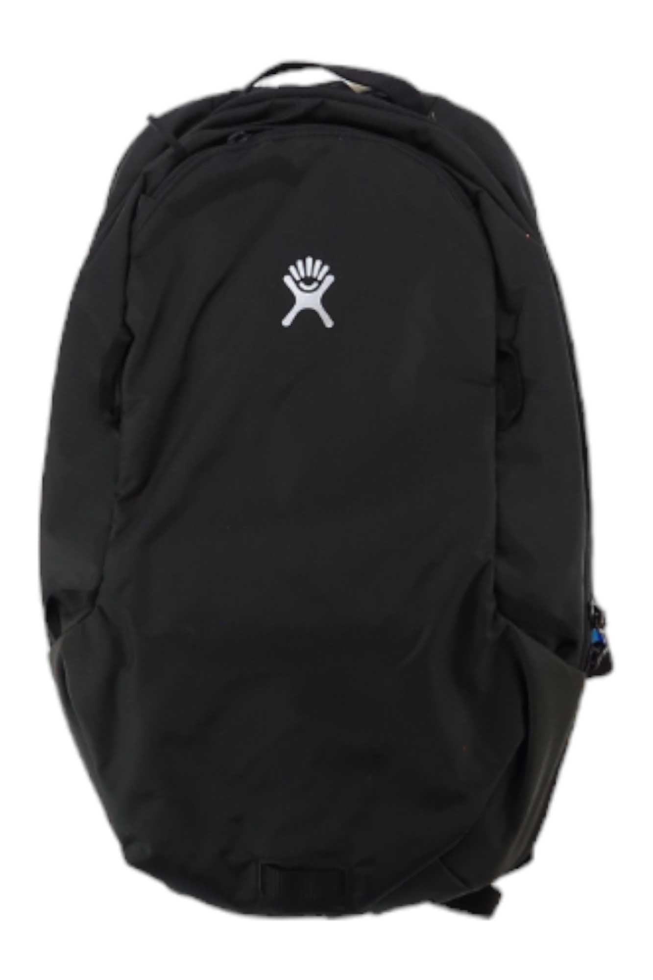 The Hydro Flask 14L Down Shift Hydration Pack, in black with a white hand logo, is ideal for carrying bike essentials and is shown against a white background.