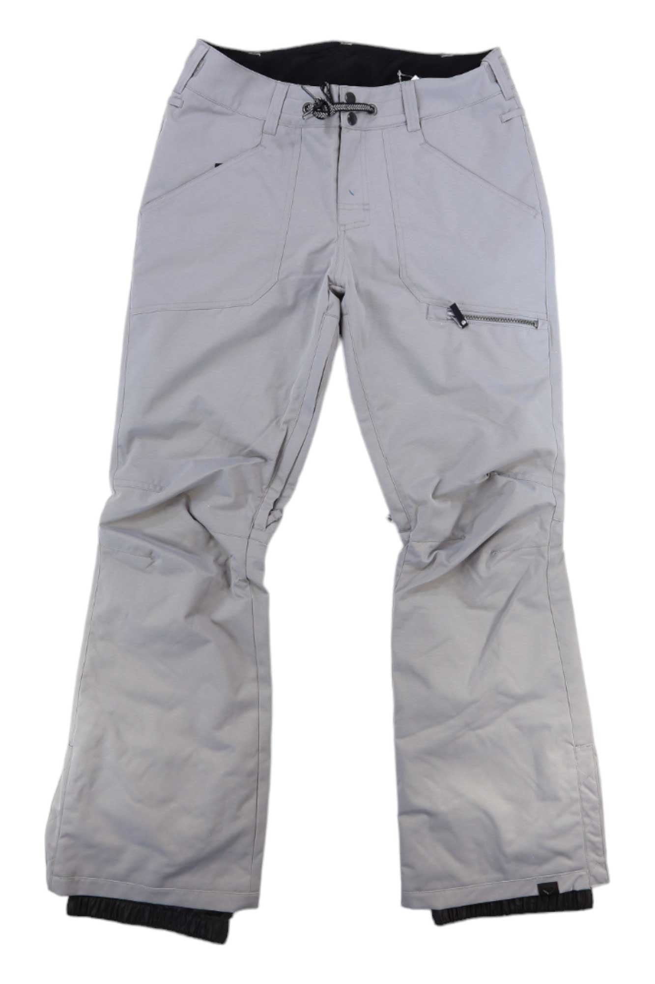 The Womens Roxy Nadia Pant is a light gray ski pant for women featuring side and front zipper pockets, belt loops, and reinforced cuffs. Displayed flat on a white background, the pants have a slightly wrinkled appearance.