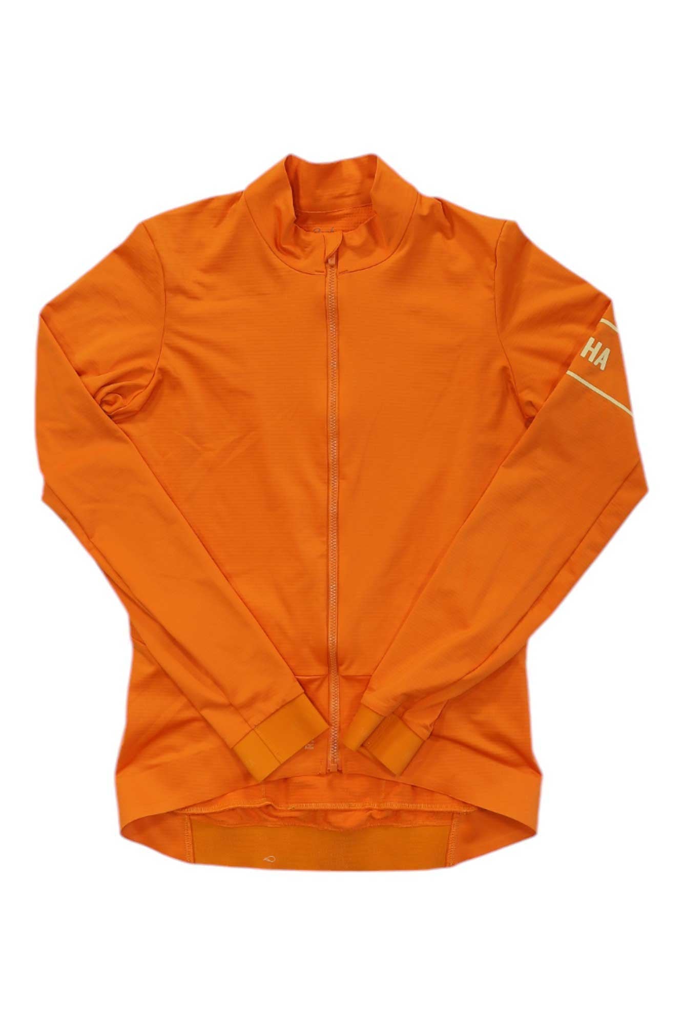 Orange long-sleeve cycling jersey with full front zipper and side seam paneling.