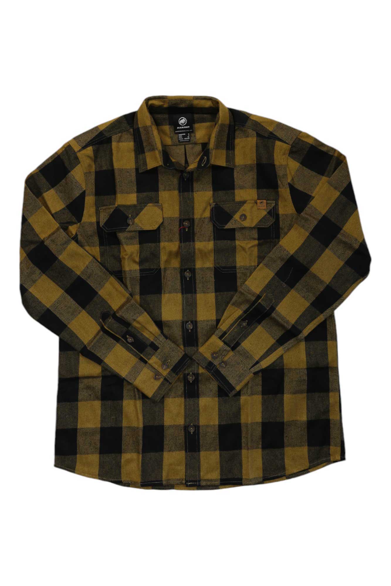 The Mammut Men's Tamaro LS Shirt is a yellow and black plaid long sleeve shirt with chest pockets featuring button flaps and black front buttons, shown laid flat on a white background.