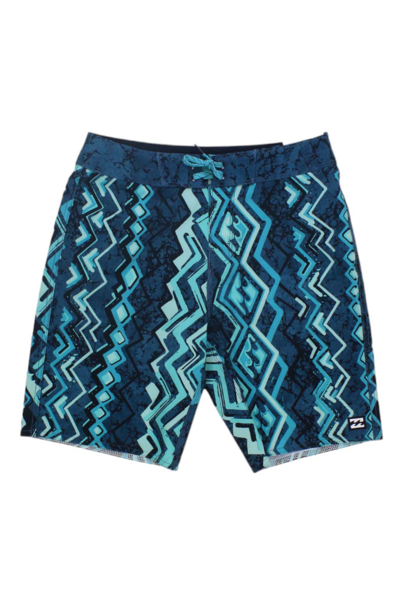The Billabong Boys Sundays Pro Boardshort features a bold blue and teal geometric zigzag pattern, recycled polyester construction, drawstring waistband, and a small logo patch on the lower left leg.