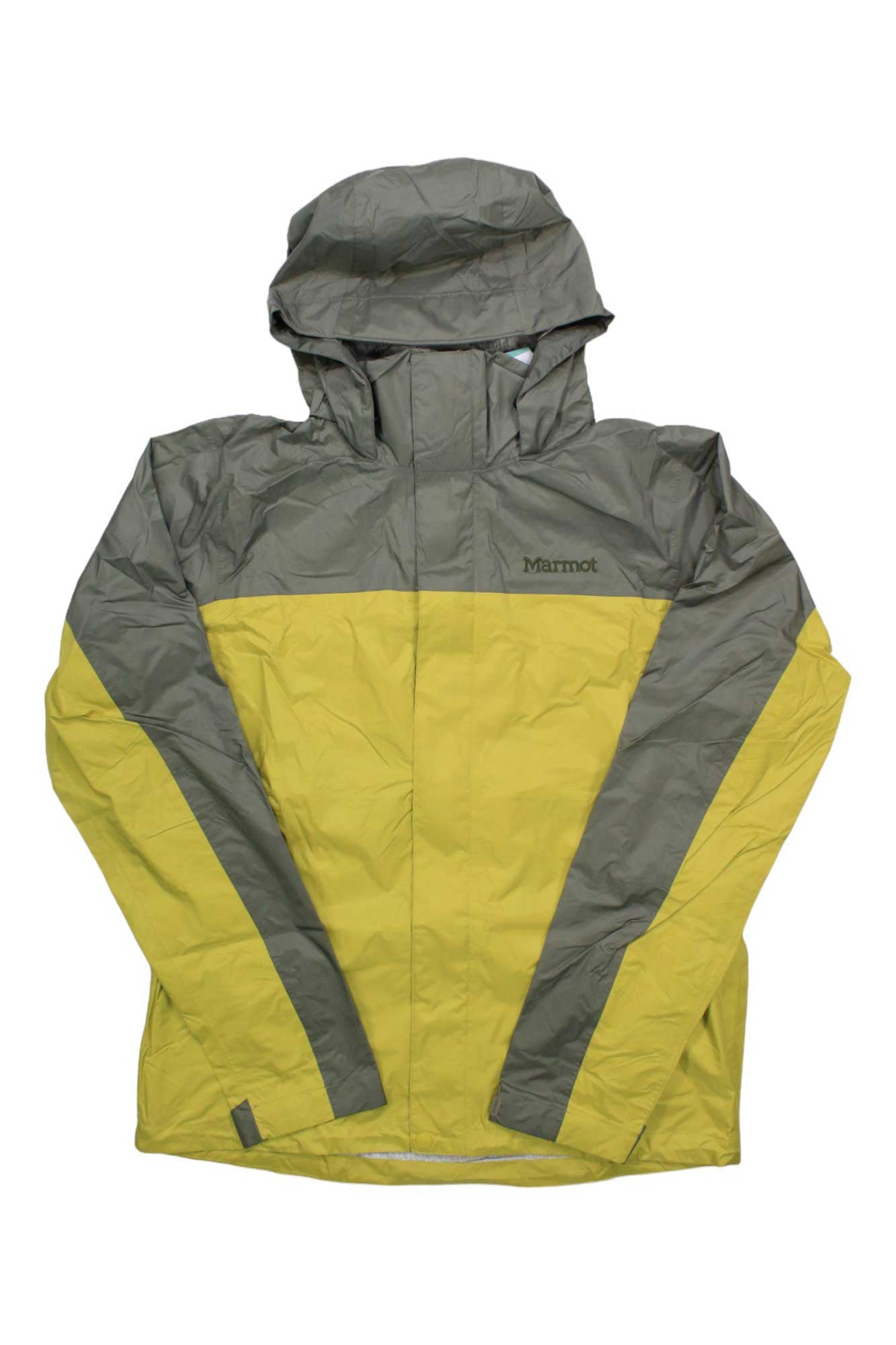 The Marmot Men's PreCip Eco Jacket is a two-tone waterproof jacket with a hood, made from recycled nylon—yellow on the lower half and sleeves, gray on the upper half and hood. The Marmot logo is on the chest, perfect for hiking.
