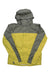 The Marmot Men's PreCip Eco Jacket is a two-tone waterproof jacket with a hood, made from recycled nylon—yellow on the lower half and sleeves, gray on the upper half and hood. The Marmot logo is on the chest, perfect for hiking.