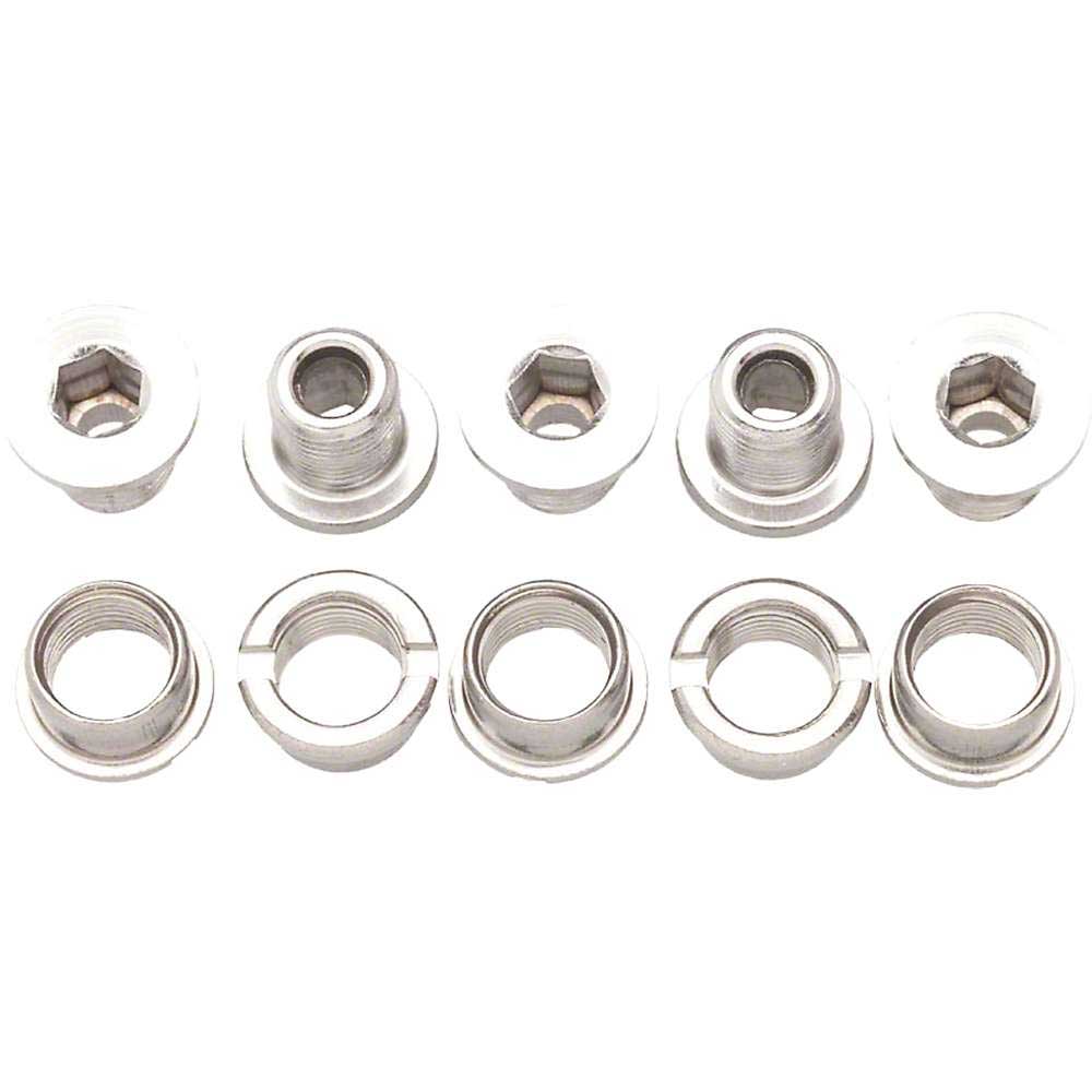 Ten Problem Solvers Double Chainring Bolts, ideal for bike maintenance, are shown in two rows on a white background—the top row displays the bolt heads, and the bottom row shows the threaded sides. Perfect for any cycling setup.