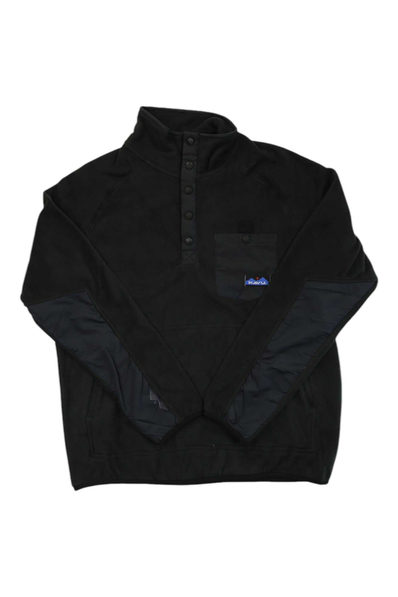 KAVU men's Teannaway top, black hooded pullover with snap placket and pocket