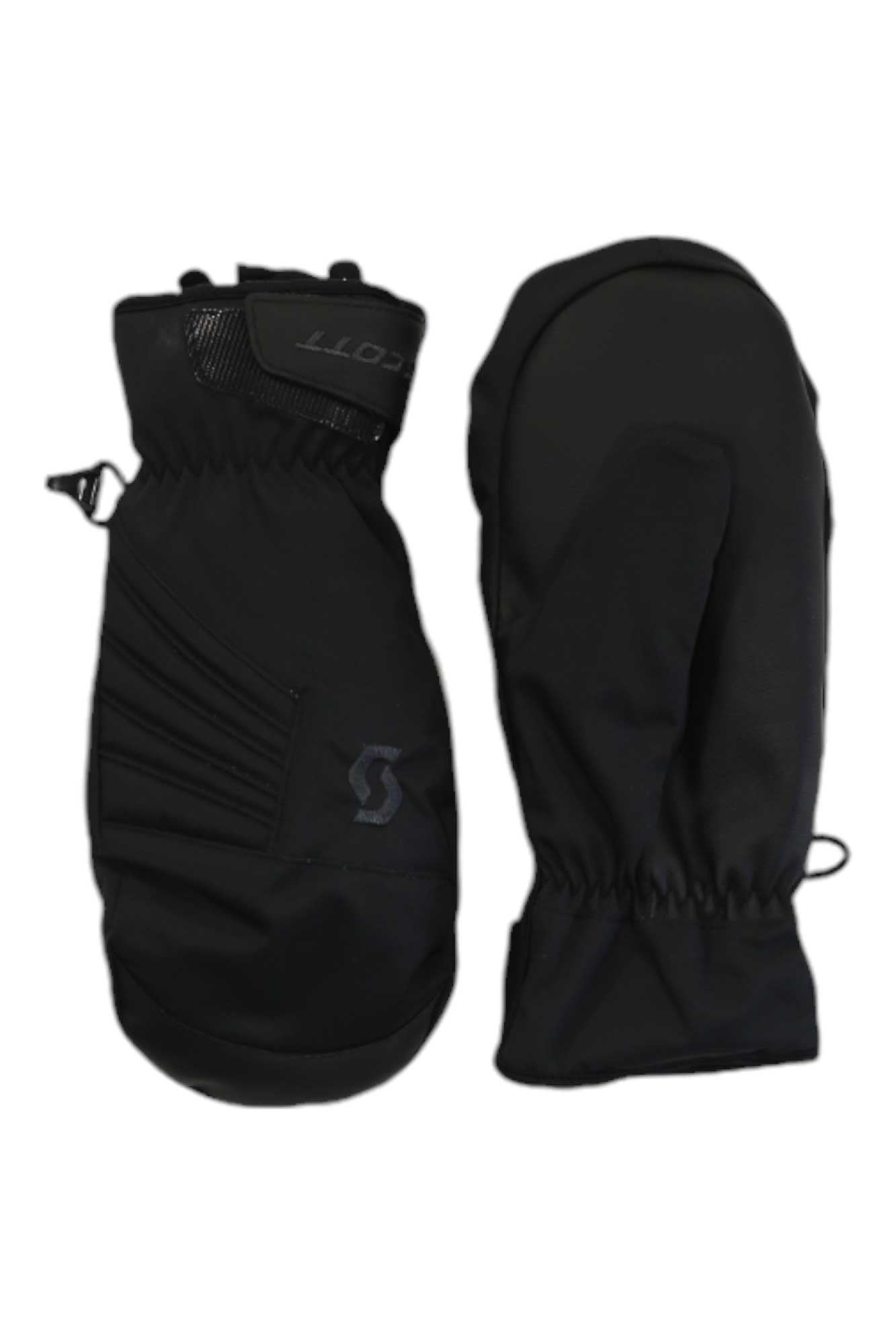 The Scott USA Ultimate Hybrid Mitten is a pair of black insulated, waterproof gloves with elastic wrists—one shows the ridged palm, the other the back—crafted for optimal protection during mountaineering in cold conditions.