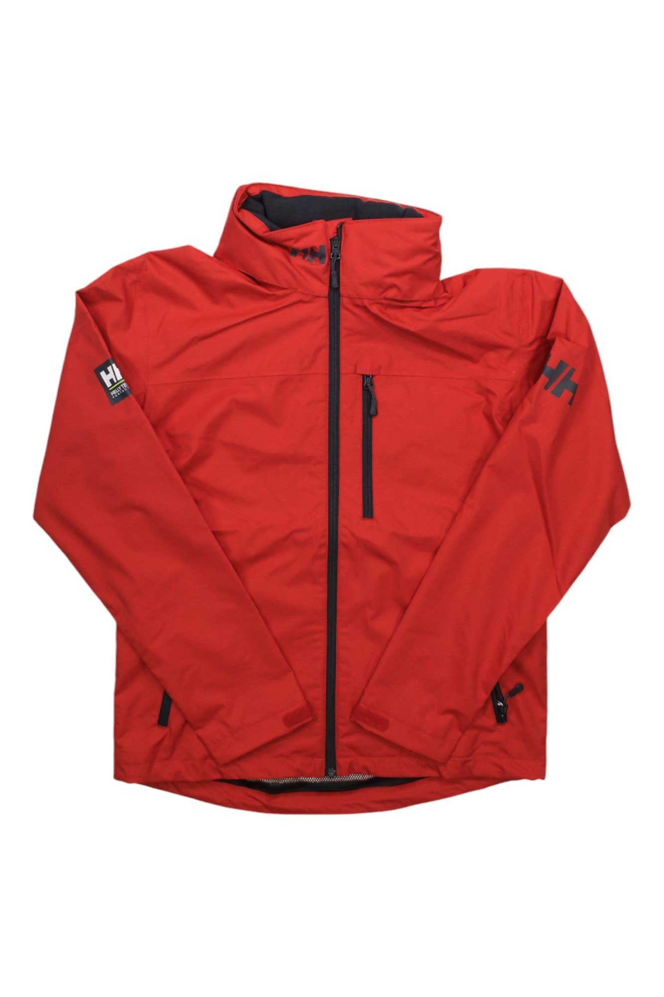 Men's red hooded jacket with full zipper, stand collar, and side pockets