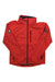 Men's red hooded jacket with full zipper, stand collar, and side pockets