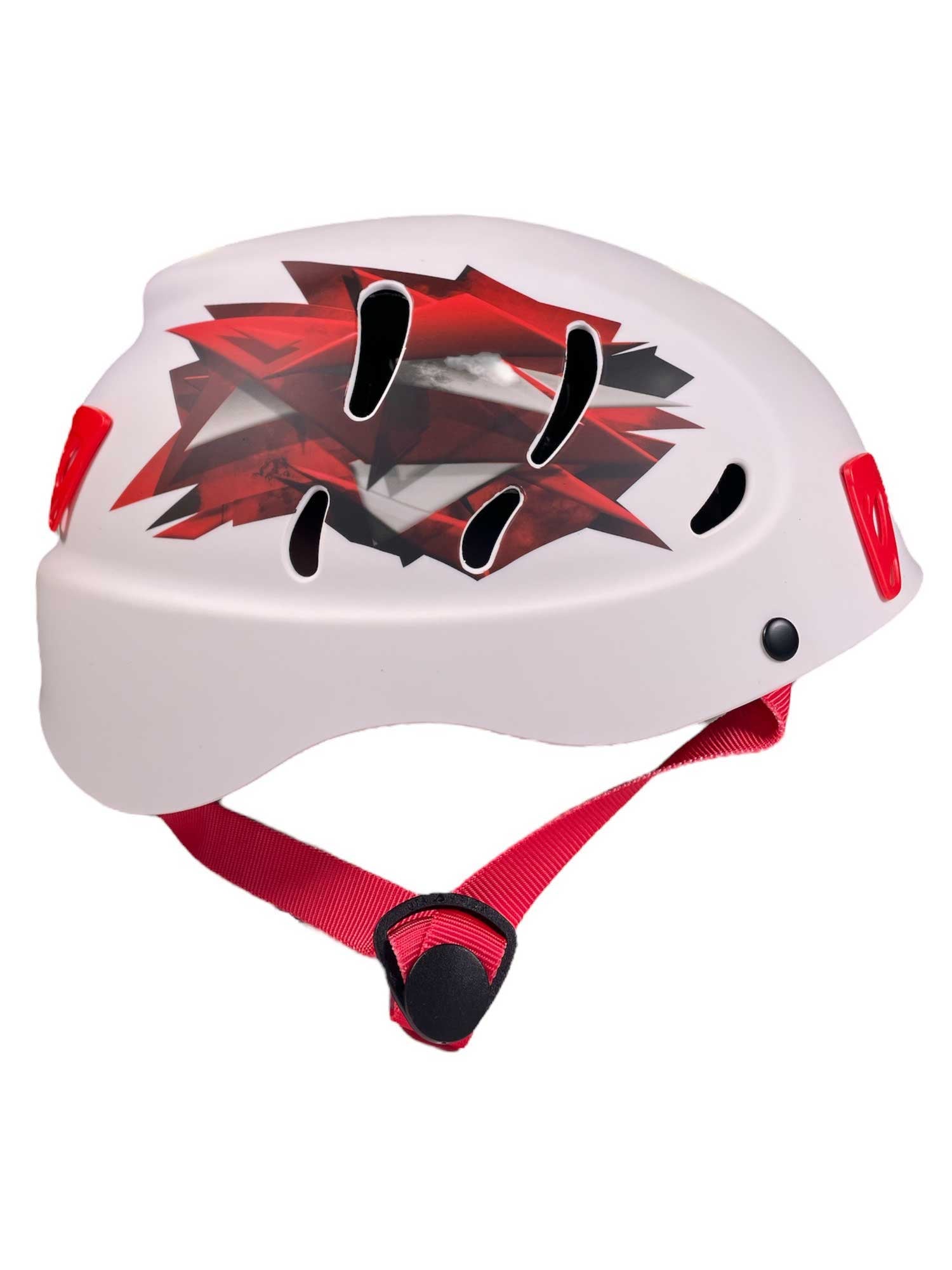 White and red armor helmet with graphic decals and chin strap