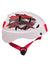White and red armor helmet with graphic decals and chin strap