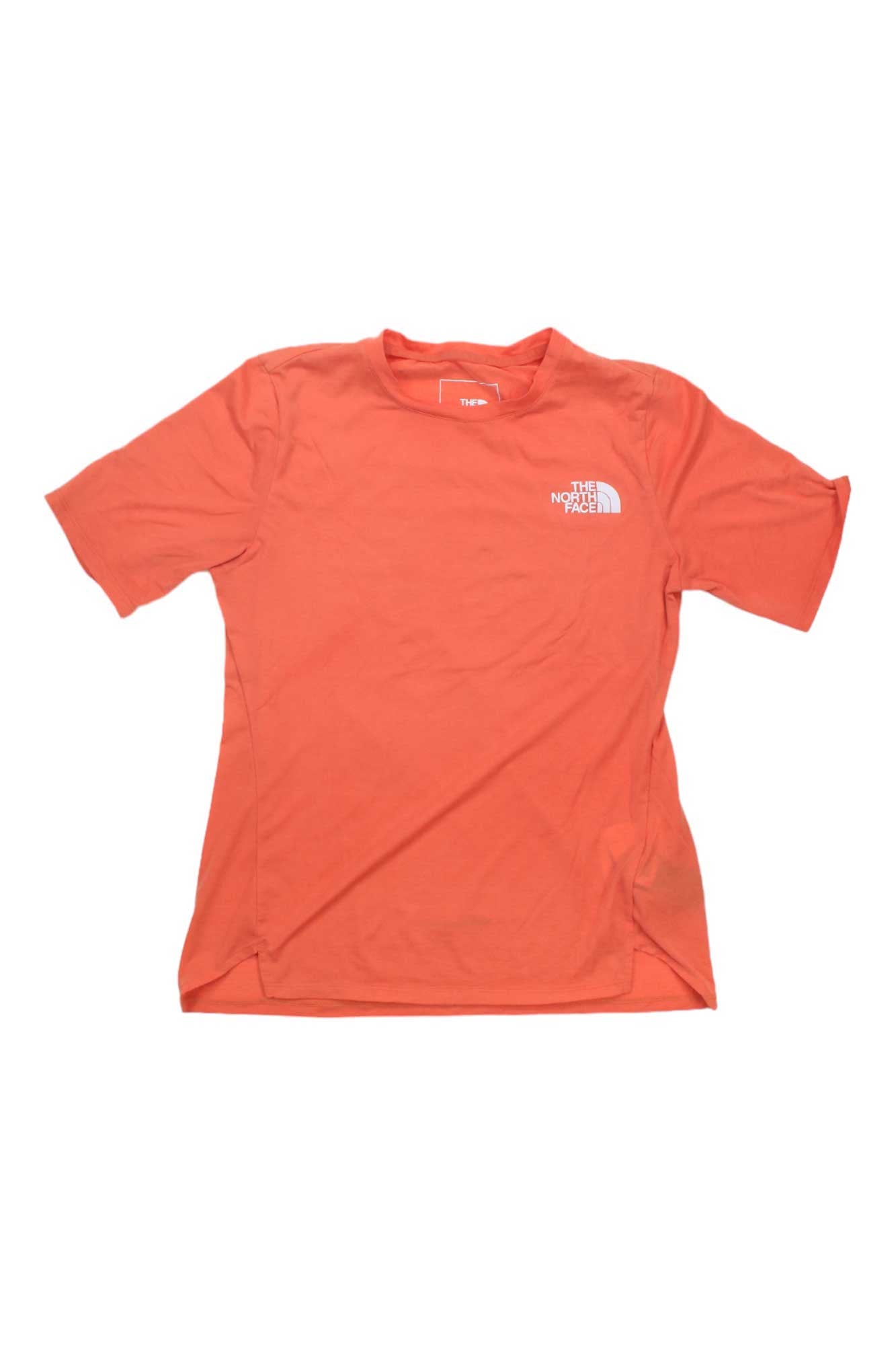 Women's coral orange short-sleeve T-shirt with crew neck and The North Face logo