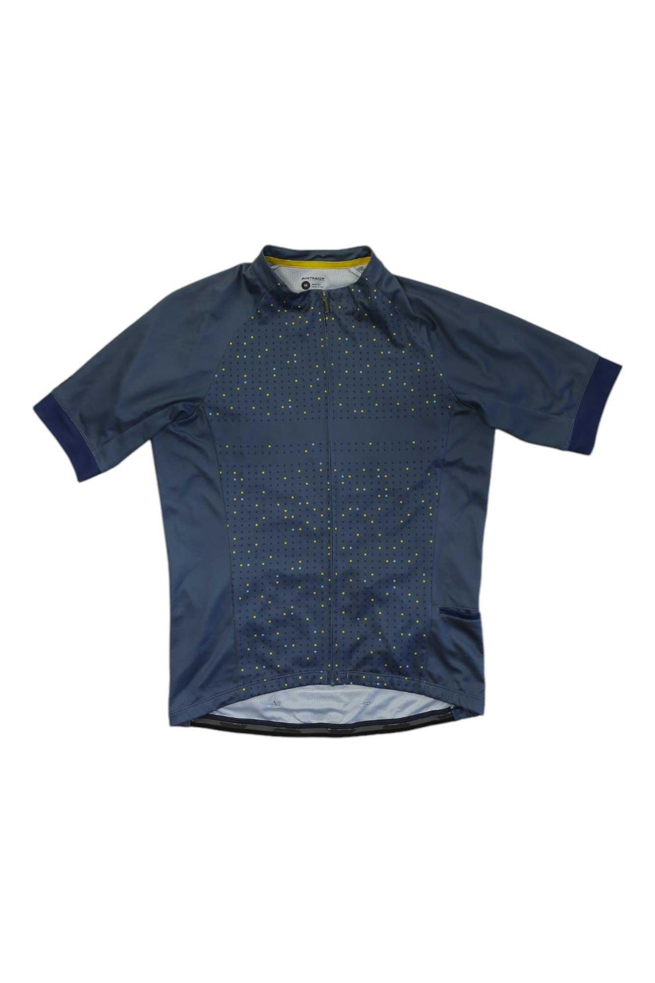 Men's blue cycling jersey with dot pattern, short sleeves, yellow-trim collar
