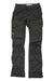 Dark grey Fjallraven Womens Keb Trousers with multiple pockets, G-1000 reinforced knee/thigh areas, buttoned flaps, and a small logo patch on the front left thigh. Pants are laid flat on a white background.