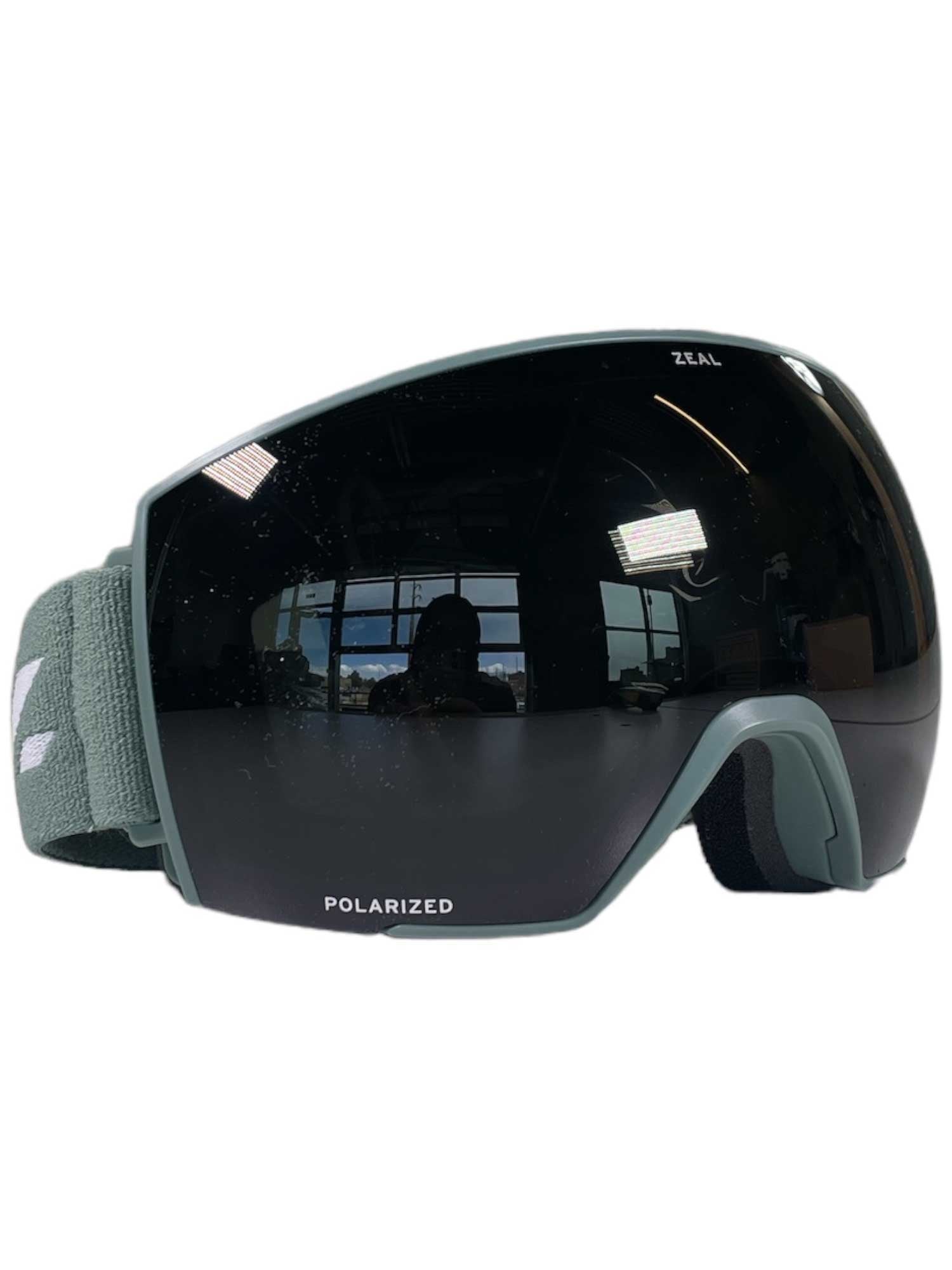 Zeal Hangfire polarized goggle with black lens, gray strap, front view