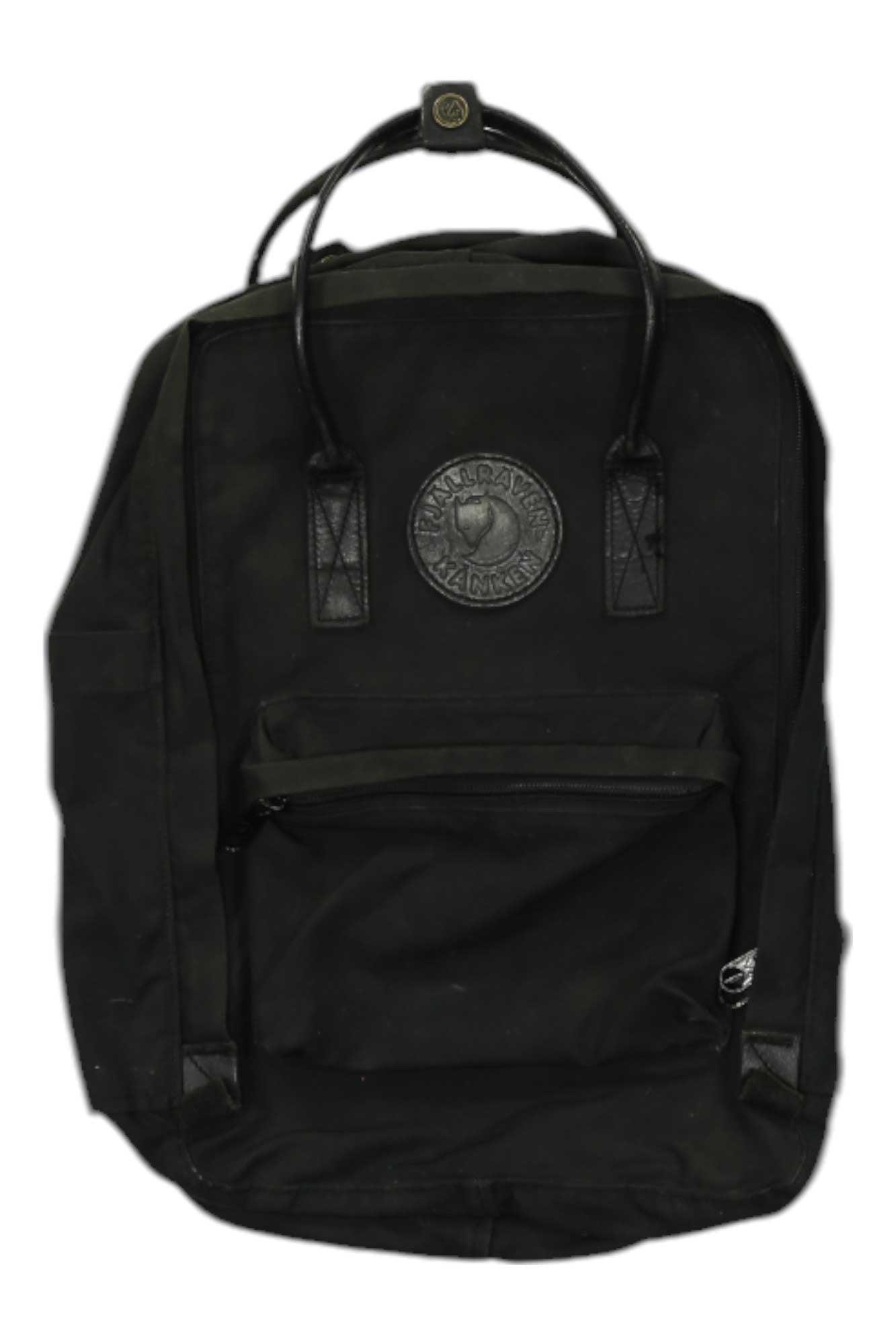 The black Fjallraven Kanken No.2 Backpack features leather handles, a front zipper pocket, durable G-1000 HeavyDuty fabric, and the brand’s round logo patch in the center.