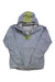 The Haglofs Womens L.I.M GTX Jacket is a light gray hiking jacket with a front zipper, olive green accents on the hood and chest, reflective logos, and features lightweight, waterproof, durable, and breathable material.