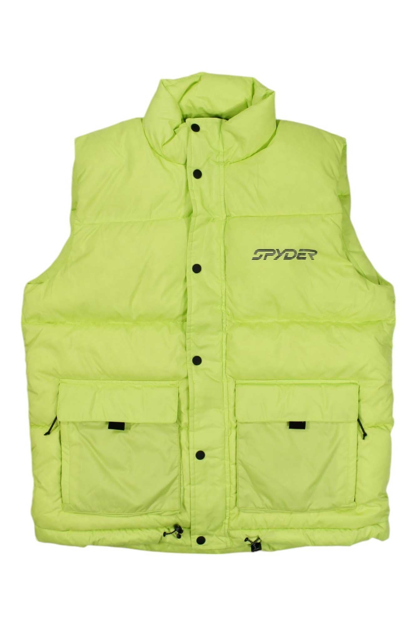 The Spyder Mens Windom Vest in neon green features black buttons, two chest pockets with black tabs, and a lightweight design for stylish and comfortable outdoor adventures.