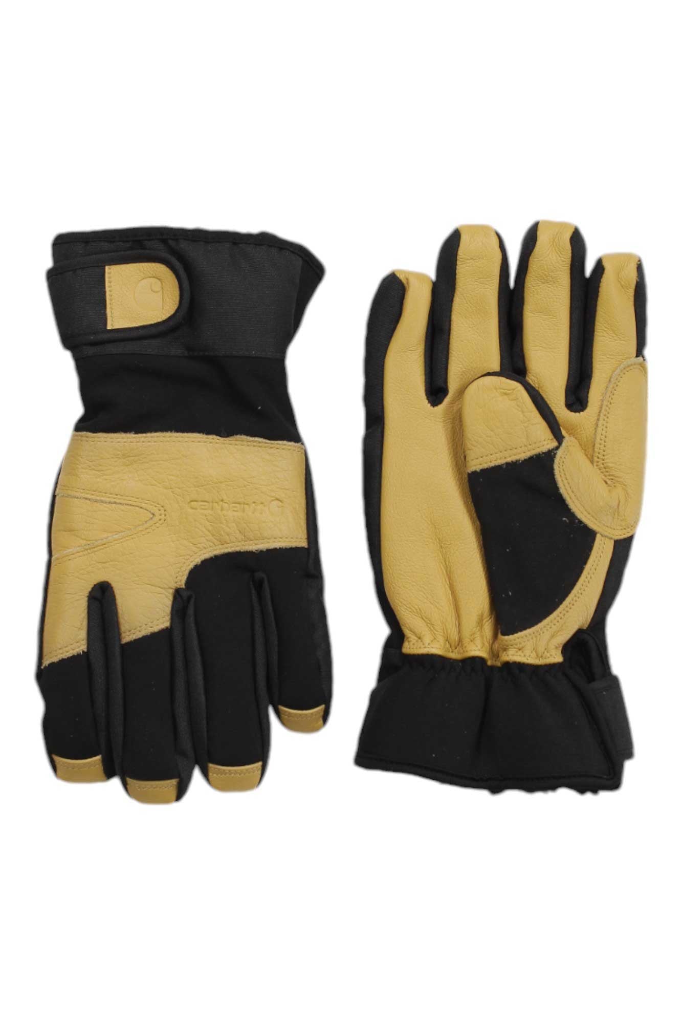 The Carhartt Mens Winter Dex Cow Grain Glove features tan cowhide leather palms and fingers, black fabric backs and cuffs, reinforced stitching, and adjustable wrist straps for a secure, comfortable fit.
