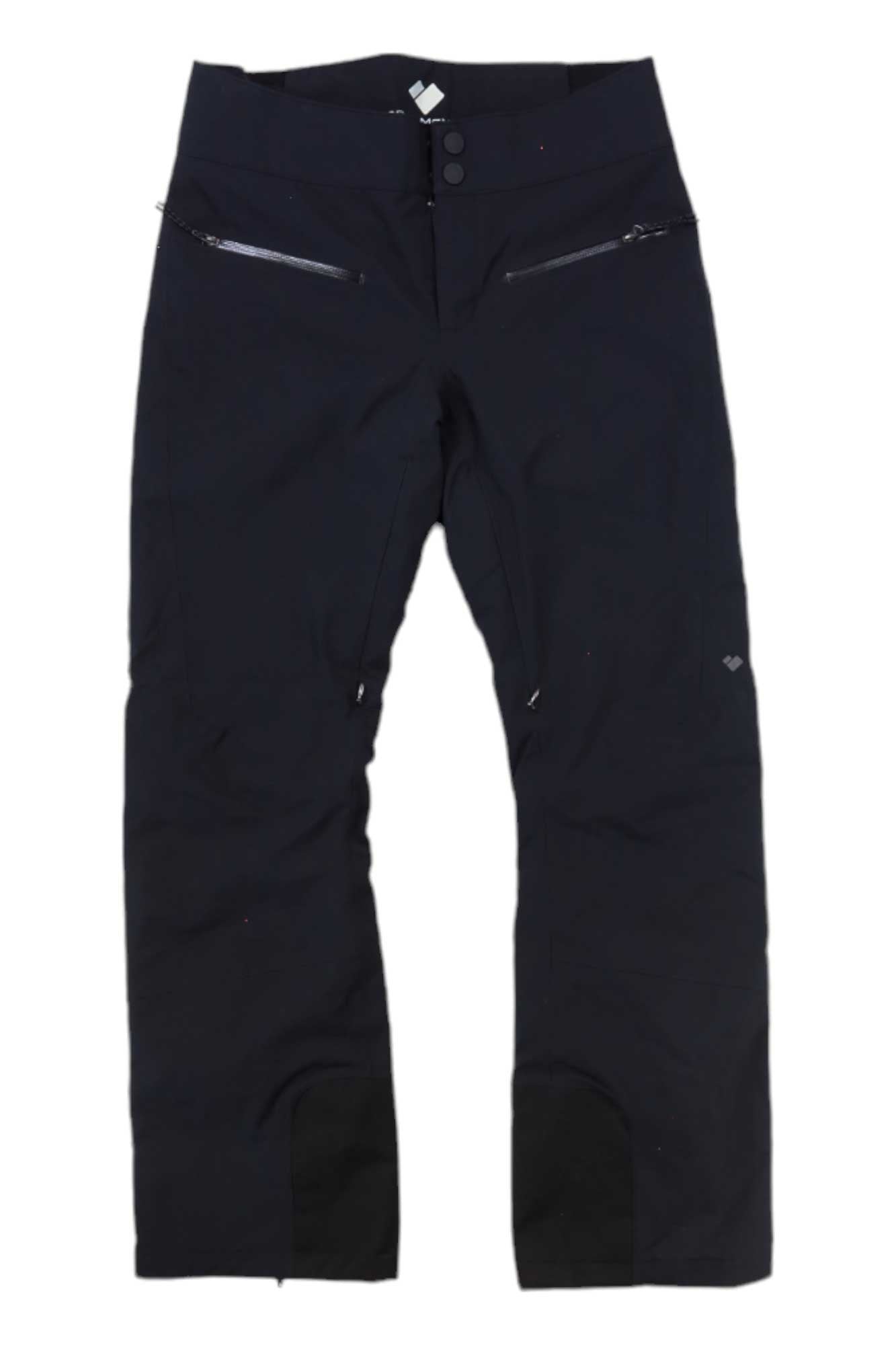 The Obermeyer Womens Bliss Pant is a pair of black ski pants featuring two front zippered pockets, button and zipper closure, reinforced ankle fabric, and a waterproof design for dependable outdoor protection.