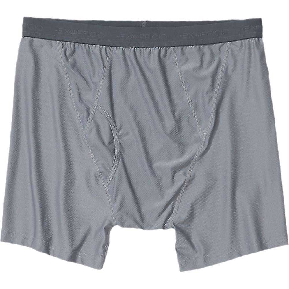 The ExOfficio Men's Give-N-Go 2.0 Boxer Brief is a light gray pair with a stretchy branded waistband, visible front stitching, and moisture-wicking fabric for all-day comfort.