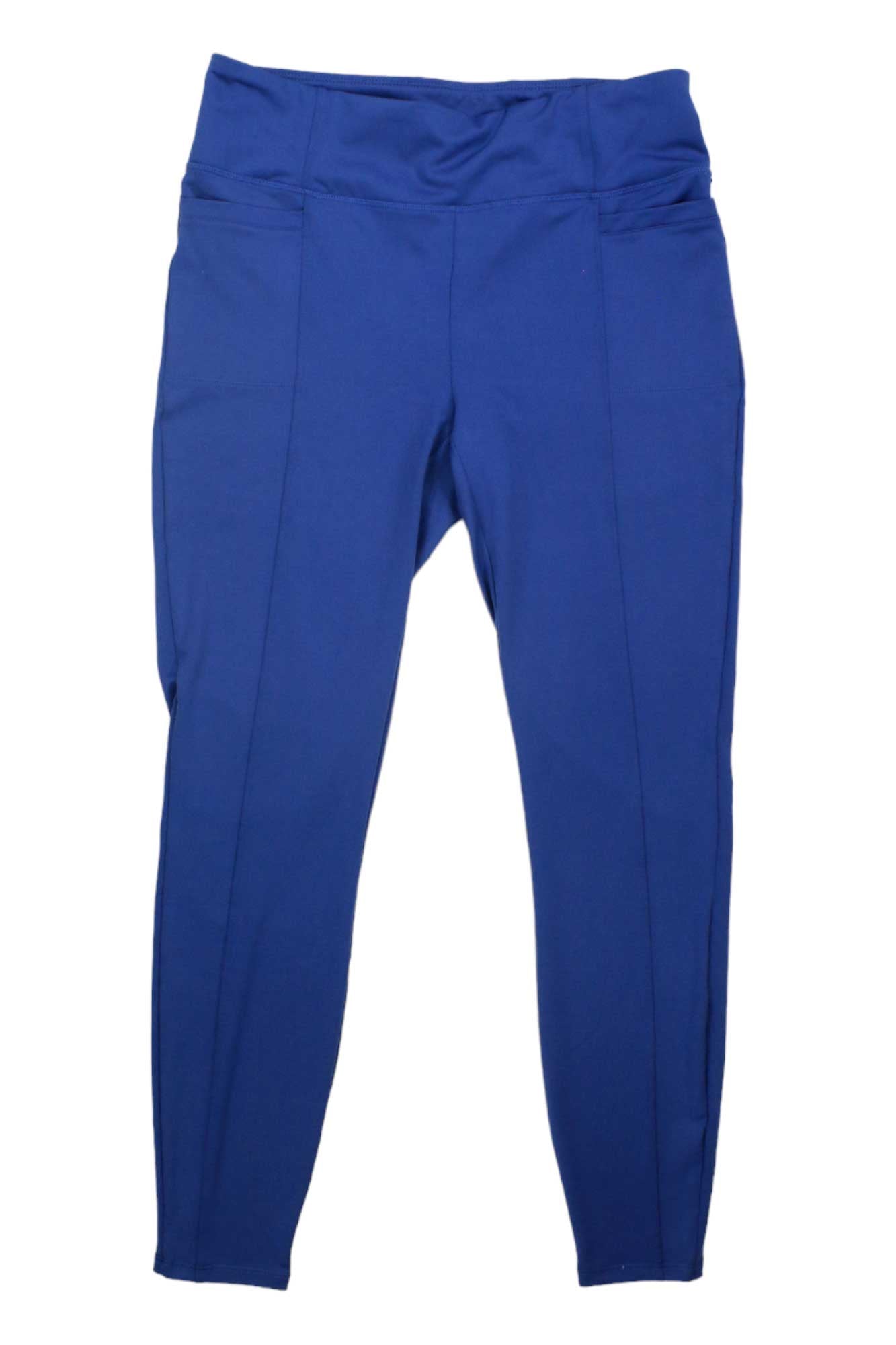 The Toad & Co Womens Timehop Light Tight leggings in royal blue are high-waisted, full-length, moisture-wicking, and feature a light stretch. Shown laid flat on a white background.