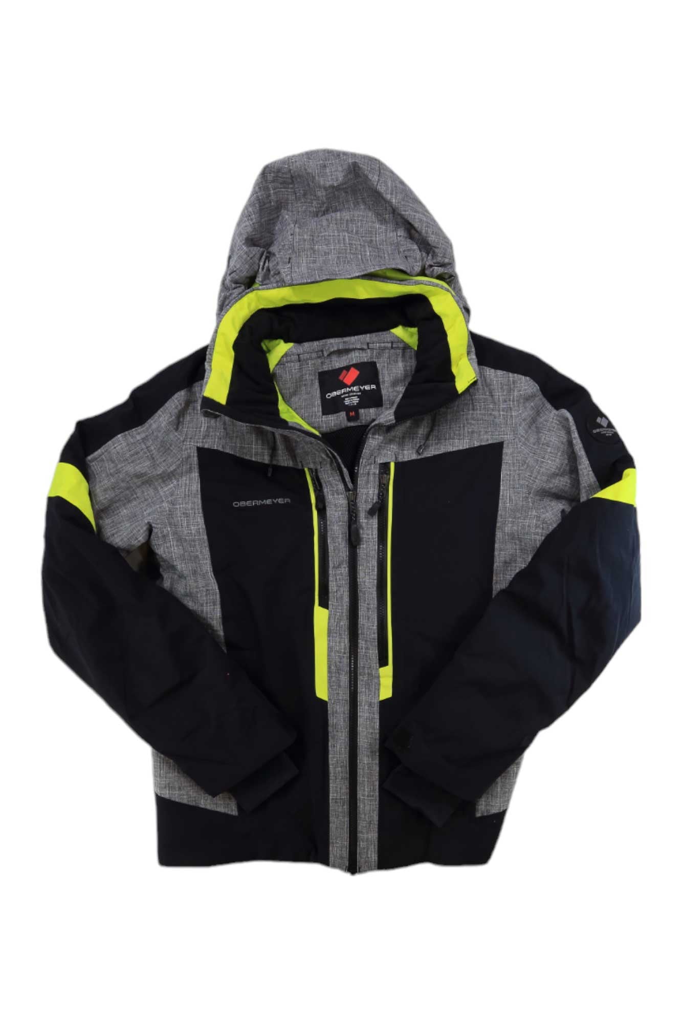The Obermeyer Mens Fall Line Jacket, in gray and black with bright yellow accents, features PrimaLoft insulation, a zippered front, and a zippered chest pocket. Shown lying flat on a white background.