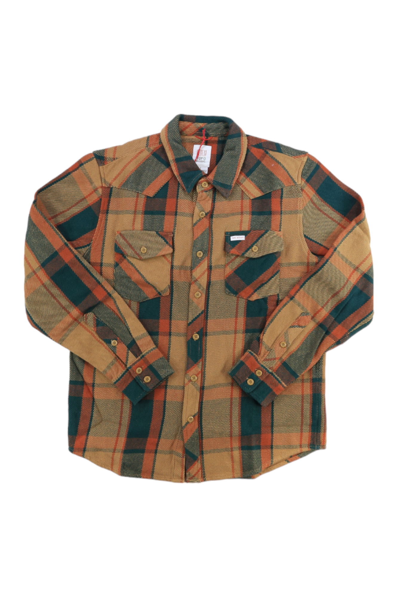 Men's heavyweight plaid button-up shirt with chest pockets, long sleeves, green-brown