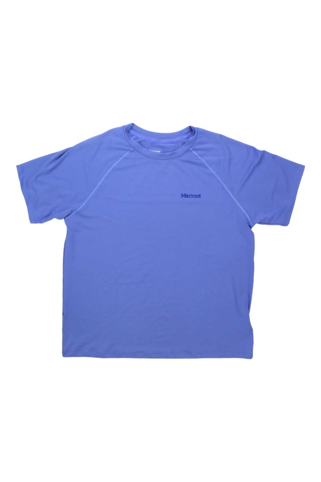 The Marmot Womens Windridge SS Tee is a light purple, short-sleeve, crew neck T-shirt made from recycled polyester with "Marmot" on the left chest. It offers UPF 50 sun protection and a simple design for everyday comfort.