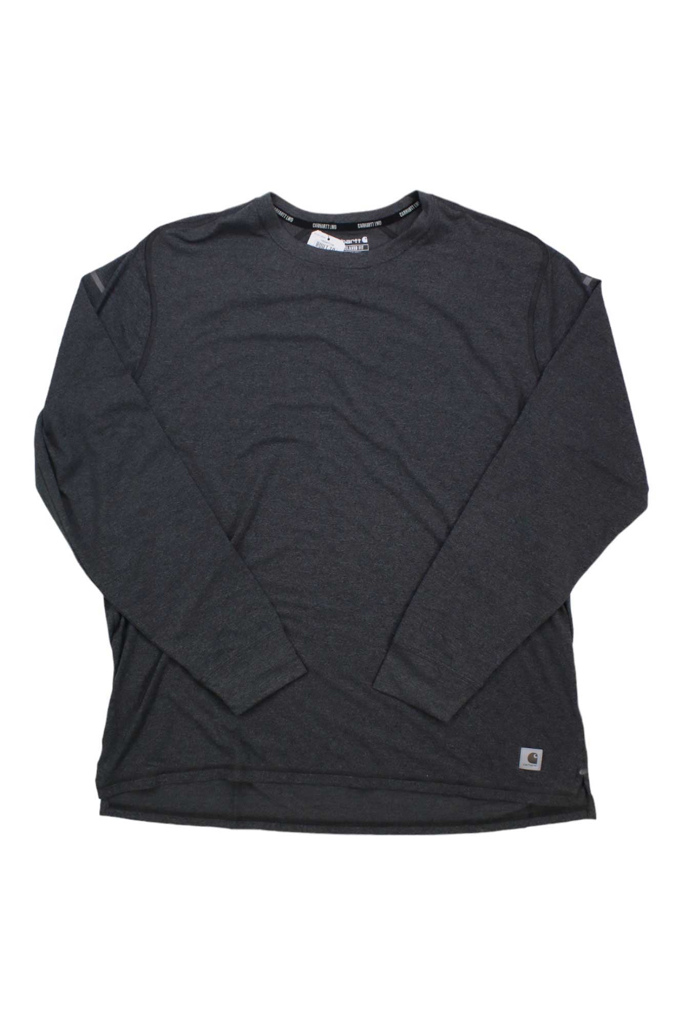 Carhartt mens long sleeve T-shirt, dark heather gray crew neck with sleeve cuff