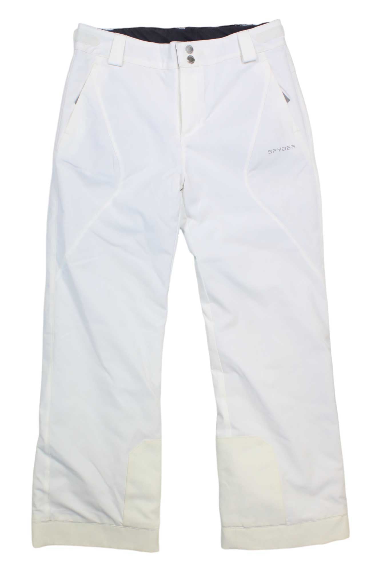 Spyder Girls Olympia Pant in white with waterproof insulation, adjustable waist, front pockets, reinforced cuffs, belt loops, and a button-zip closure is laid flat on a white background.